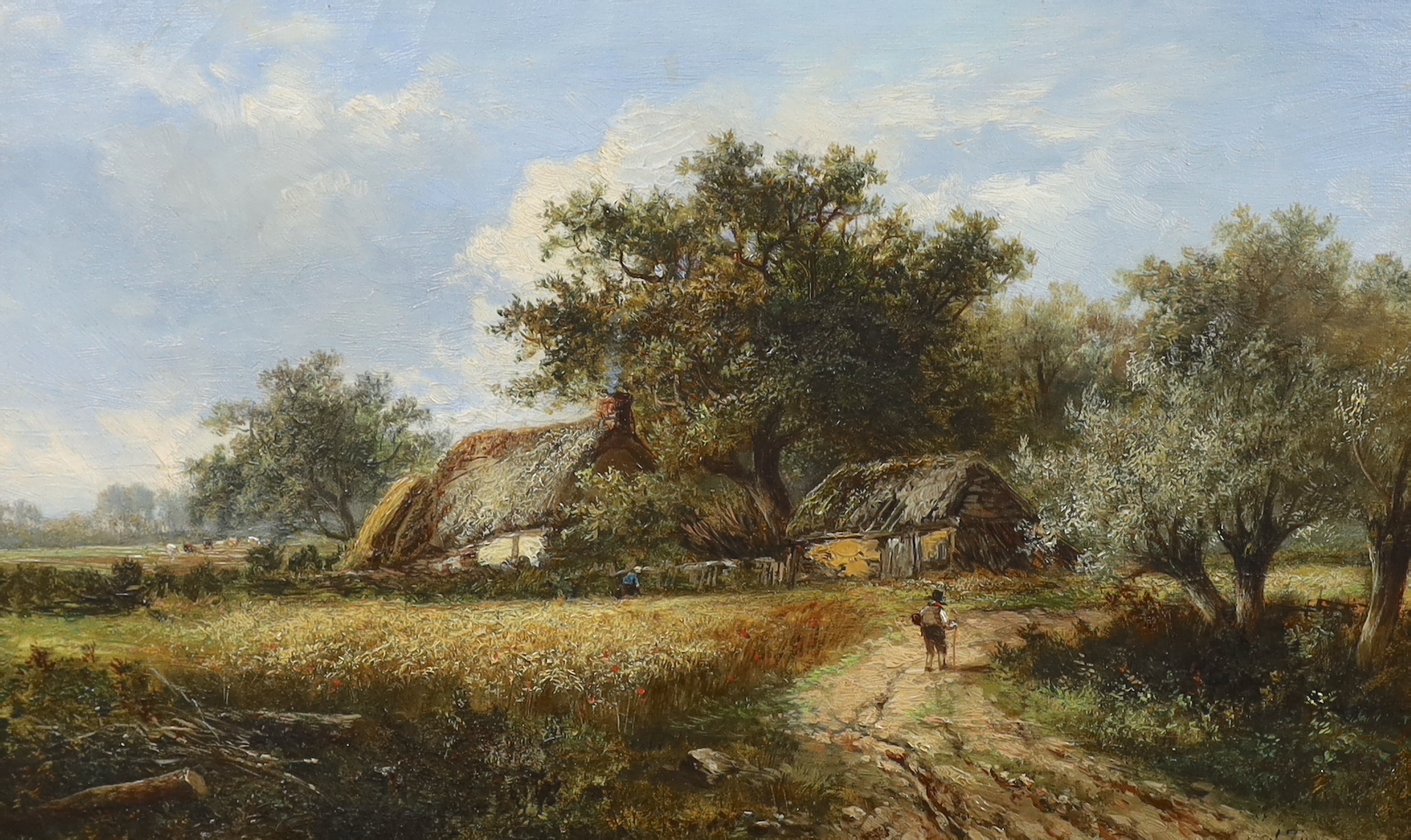 Joseph Thors (Dutch, 1843-1898), oil on canvas, Cornfields before thatched cottages, signed, 24 x 39cm